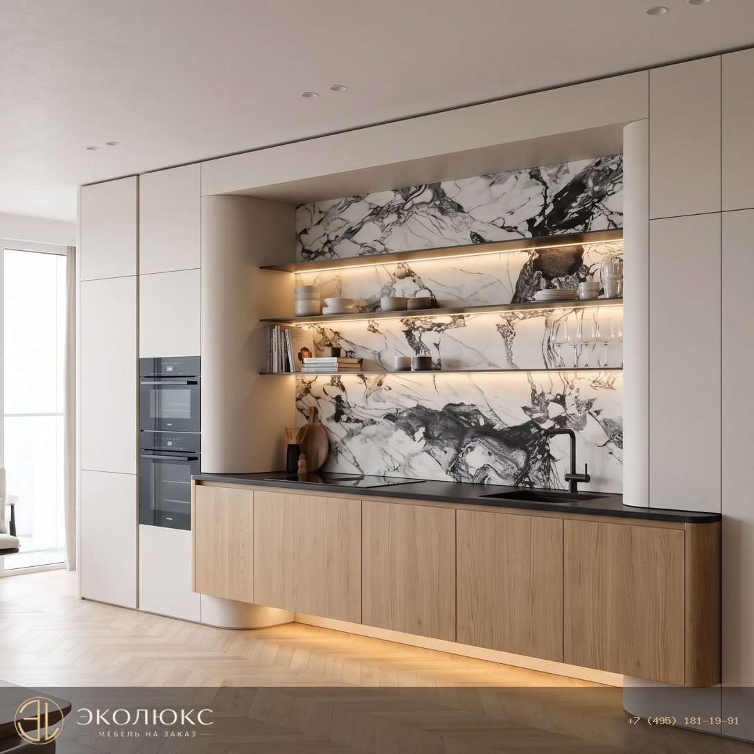 Современная кухня с эффектной мраморной вставкой на заказ